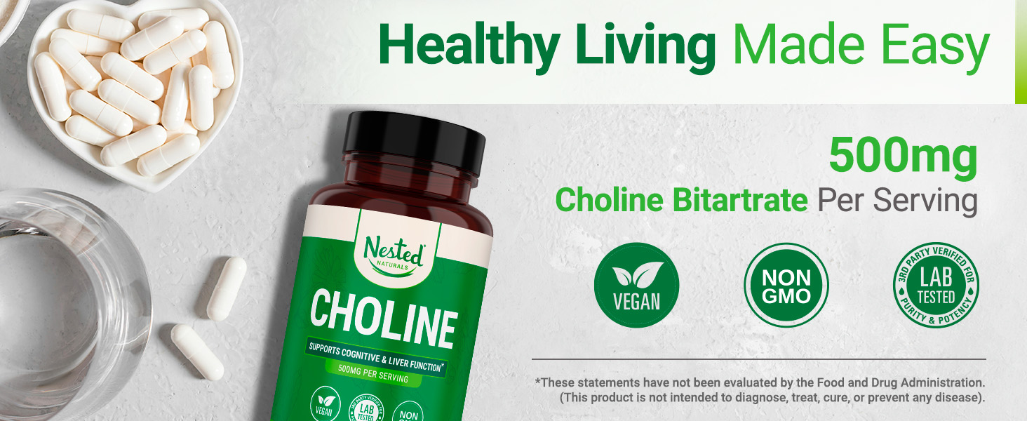 Nested Naturals Choline Bitartrate 500mg Per Serving - High Potency Choline Supplements - Supports Prenatal Maternal & Fetal Health During Pregnancy* - 100% Vegan & Non-GMO - 2-Pack (180 Capsules)