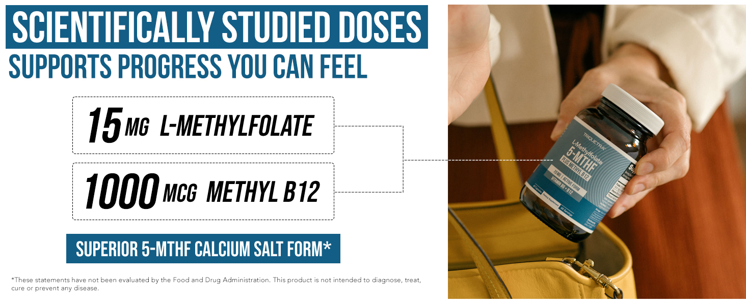 L Methyl Folate 15mg + Methyl B12 Cofactor, High Potency Active 5-MTHF Form