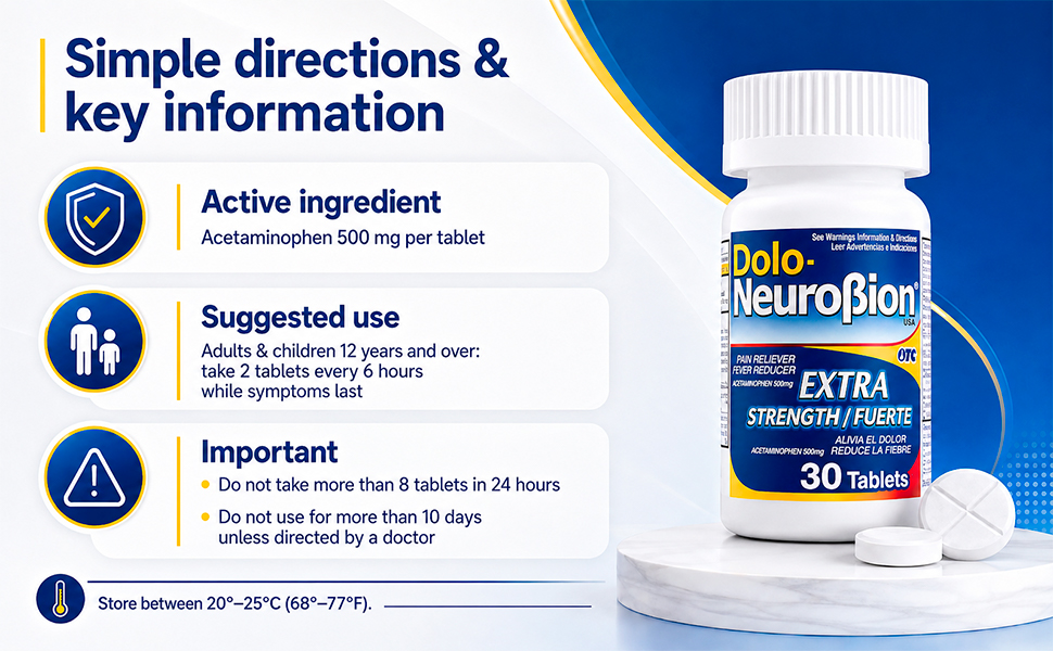 Dolo Neurobion 30 Tablets - Pain Reliever, Fever Reducer, Extra Strength, Fuerte, Alivia el Dolor, Reduce la Fiebre