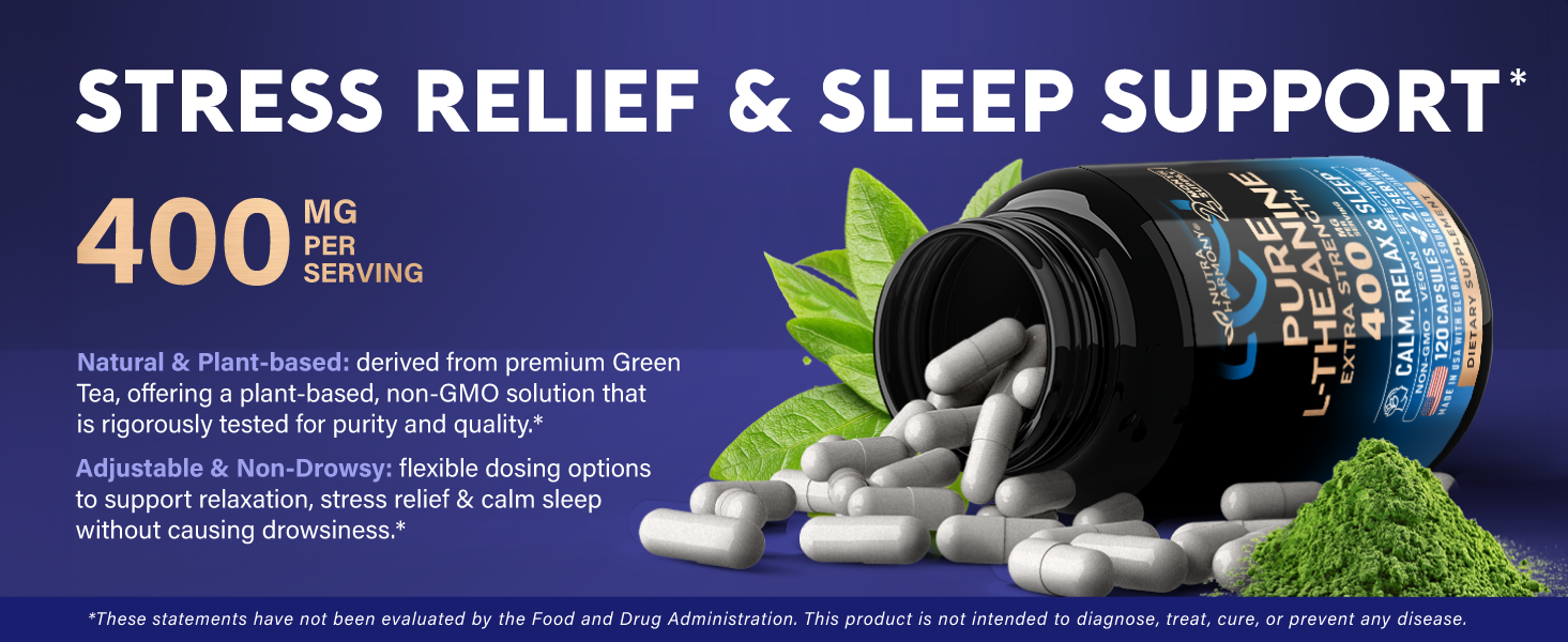 L-Theanine 400 mg - L Theanine for Stress Relief - Plant Based - 120 Caps