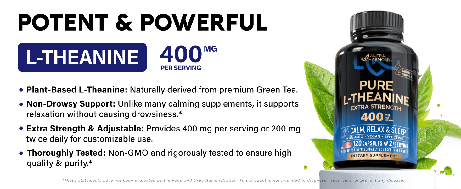 L-Theanine 400 mg - L Theanine for Stress Relief - Plant Based - 120 Caps