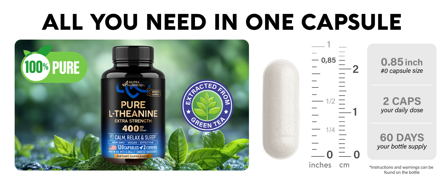 L-Theanine 400 mg - L Theanine for Stress Relief - Plant Based - 120 Caps