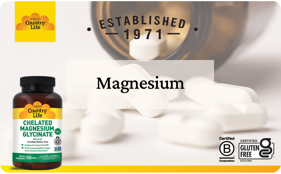 Country Life Chelated Magnesium Glycinate 400 mg, 180 Tablets