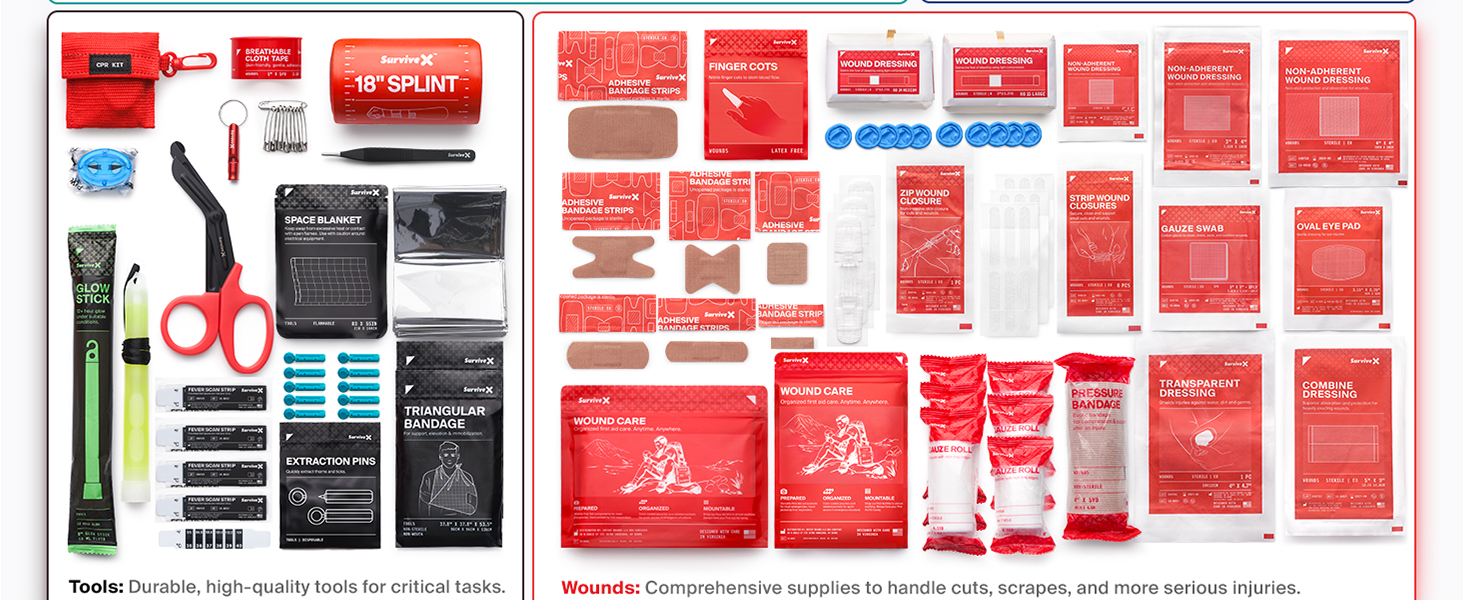 SurviveX Large First Aid Kit, Emergency Kit for 3-4 People