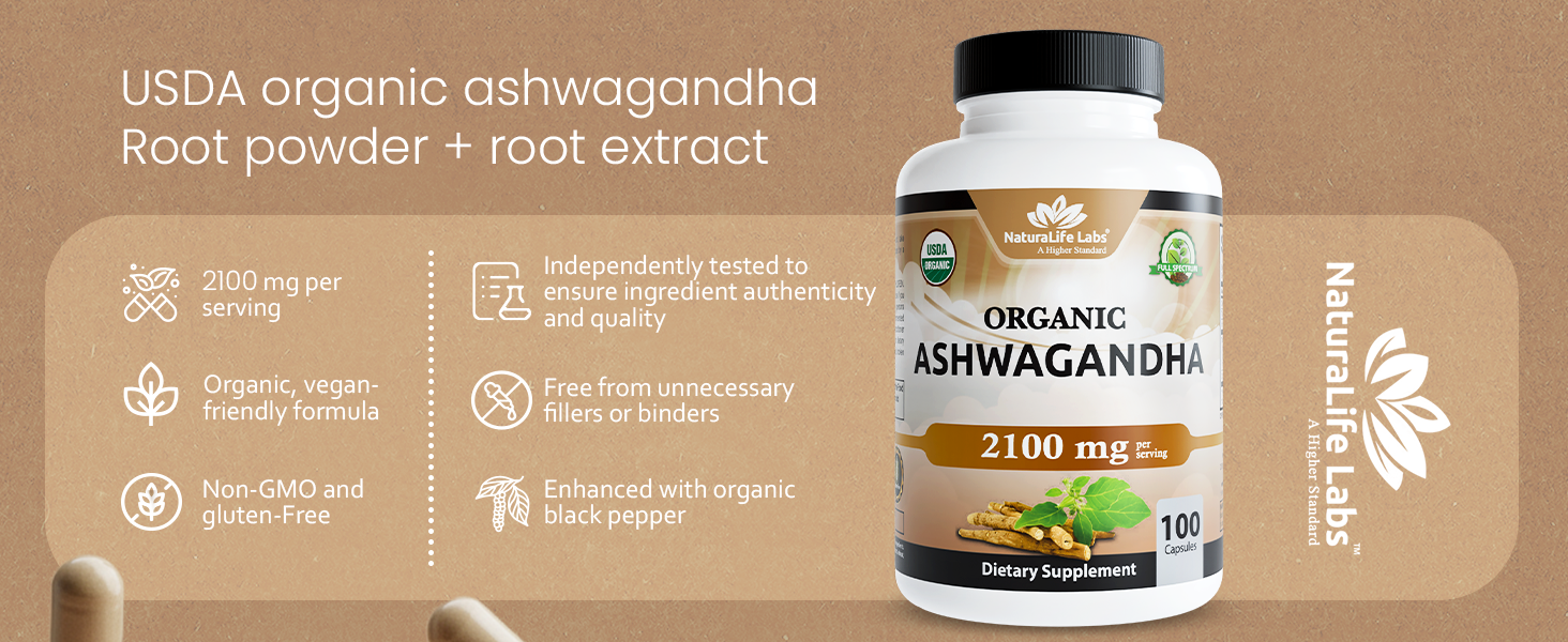 NaturaLife Labs Organic Ashwagandha 2100 mg per Serving – Full Spectrum Root Powder and Standardized Extract (Withanolides) – 100 Capsules – Vegan – Non-GMO, Gluten-Free