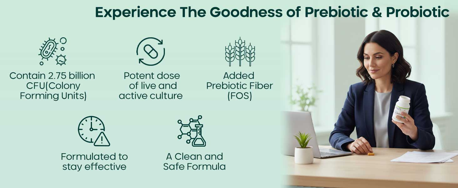 INLIFE Prebiotic Probiotic Supplement, 6 Strains, Gut Health, 60 Capsules