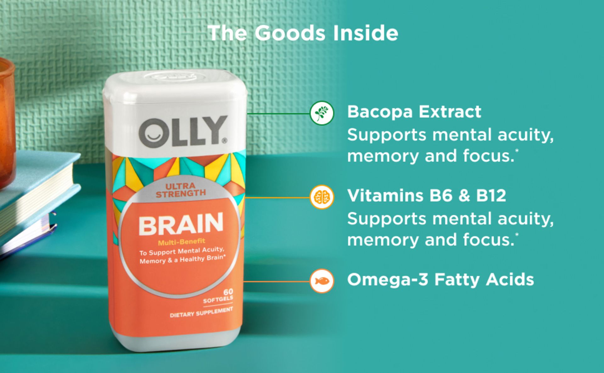 OLLY Ultra Strength Brain Softgels, Omega-3s, Vitamins B6 and B12-60 Count
