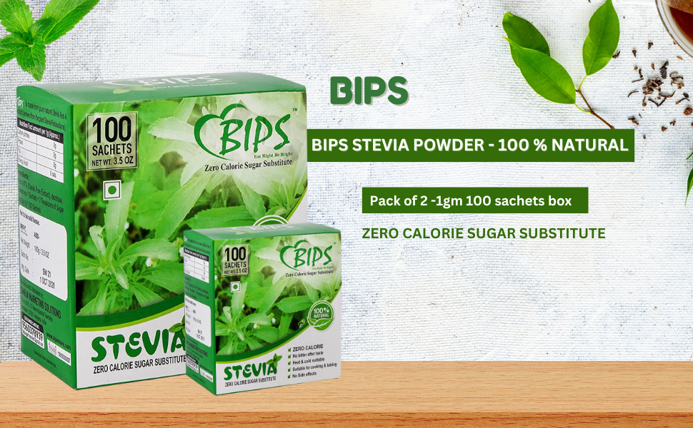 Bips Stevia Natural Sugar Free Sweetener Powder 1Gm 100 Sachets Box Pack of 2 Zero Calorie Diabetic Friendly