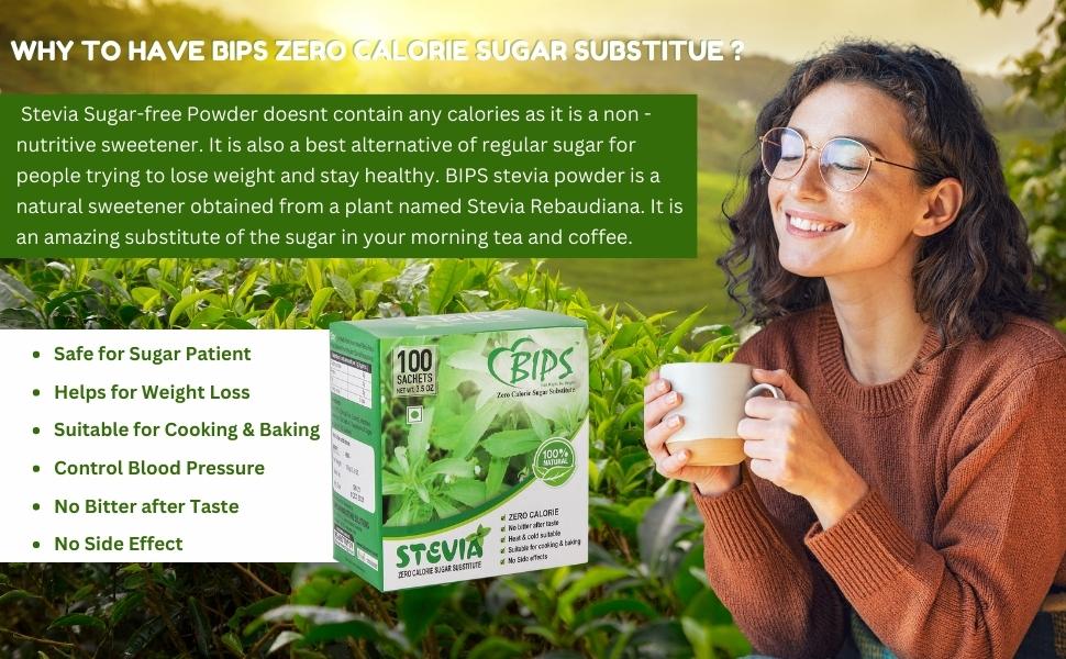 Bips Stevia Natural Sugar Free Sweetener Powder 1Gm 100 Sachets Box Pack of 2 Zero Calorie Diabetic Friendly