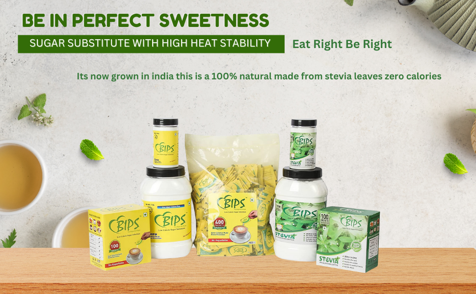 Bips Stevia Natural Sugar Free Sweetener Powder 1Gm 100 Sachets Box Pack of 2 Zero Calorie Diabetic Friendly