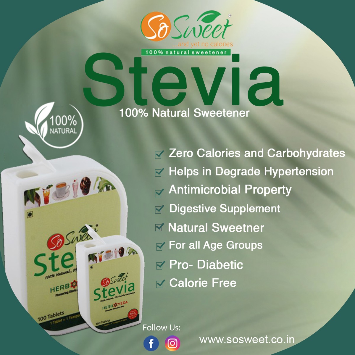So Sweet Stevia Tablets, 100 Sugar-Free Natural Zero-Calorie Sweetener, Pack of 2 (100 Tablets Each), Ideal for Diabetics, Keto Friendly, Convenient for Healthy Sweetening of Drinks