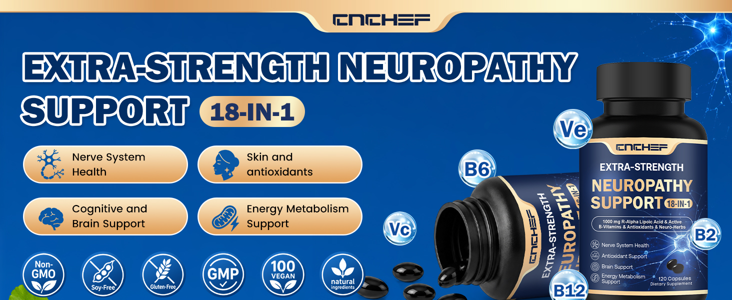 Neuropathy Support Nerve Supplement – 1000mg Advanced R-Alpha Lipoic Acid, L-Carnitine, Benfotiamine, PQQ,CoQ10,Magnesium & B-Complex for Nerve Health,Antioxidant & Cellular Energy,Vegan 120 Capsules