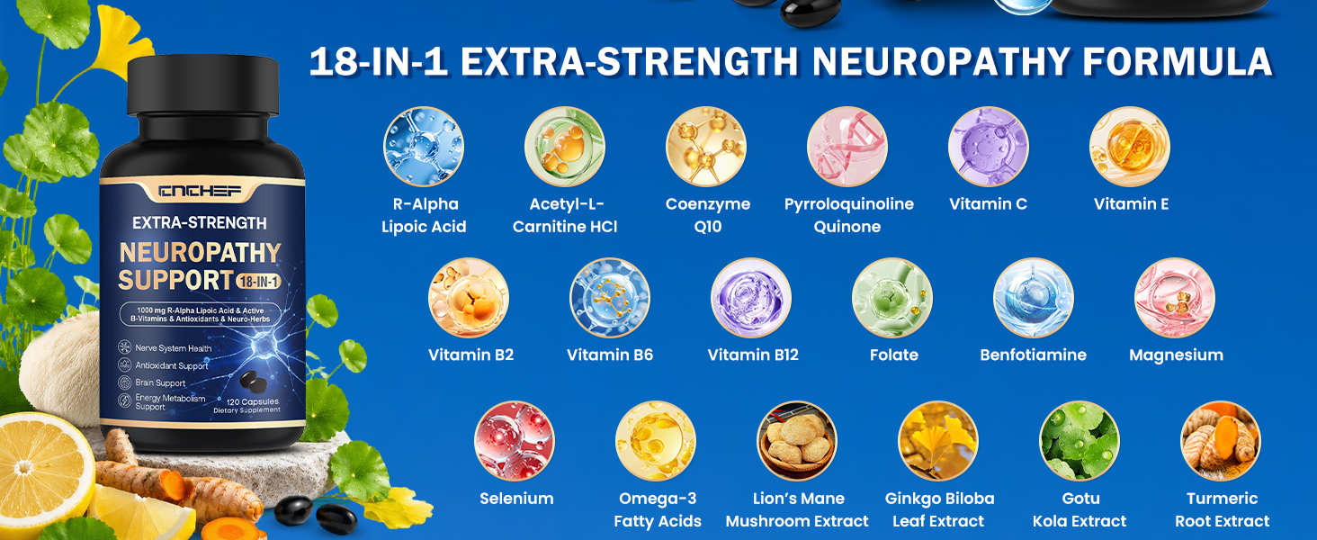 Neuropathy Support Nerve Supplement – 1000mg Advanced R-Alpha Lipoic Acid, L-Carnitine, Benfotiamine, PQQ,CoQ10,Magnesium & B-Complex for Nerve Health,Antioxidant & Cellular Energy,Vegan 120 Capsules