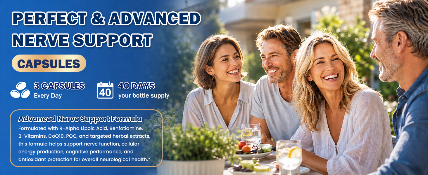 Neuropathy Support Nerve Supplement – 1000mg Advanced R-Alpha Lipoic Acid, L-Carnitine, Benfotiamine, PQQ,CoQ10,Magnesium & B-Complex for Nerve Health,Antioxidant & Cellular Energy,Vegan 120 Capsules