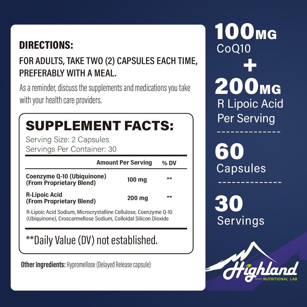 CoQ10 100mg + R-lipojska kislina 200mg na obrok, 1 mesec, do 5X izboljšana absorpcija, R-lipojska kislina/CoQ10 dopolnilo za zdravje srca in kognitivno zdravje-60 kapsule