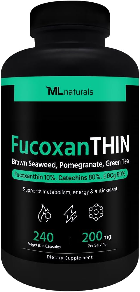 ML Naturals FucoxanthIN 240 Zelenjavne kapsule. Fukoksantin 10 % 200 mg na odmerek, podpira presnovo in antioksidant, NSF-Certified in cGMP- Compliant