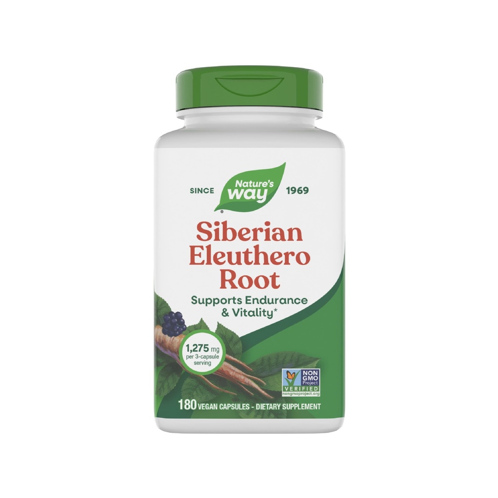 Nature's Way Premium Herbal Sibirski Eleuthero Root Supplement, Podpira vzdržljivost in vitalnost*, Adaptogen*, 1.275 mg na 3-kapsula Serving, Non-GMO Project Verified, 180 kapsul (Packaging May Vary)
