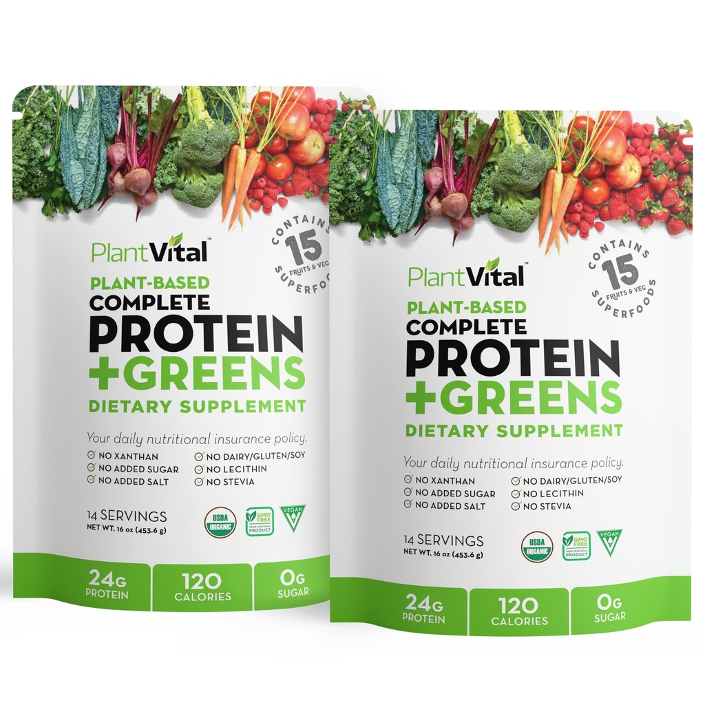 Plantvital Unflavored Organic Vegan Protein Powder - 15 Superfoods, Veggies in Probiotics - Organski rastlinski beljakovinski prašek - Vse BCAA, Gluten Free - 16oz (Pack po 2)