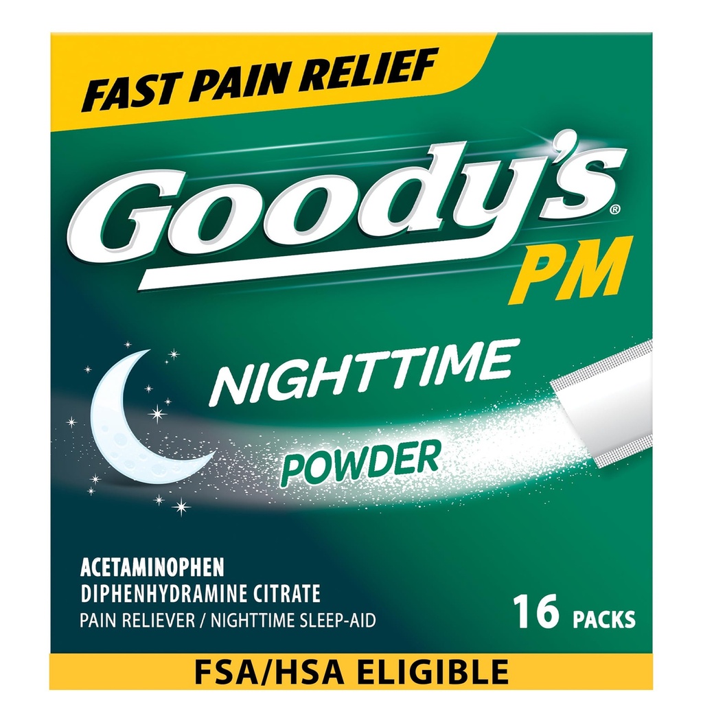 Goody's Night Time Powder, Pain Reliever & Sleep Aid z acetaminofen & Difenhidramin Citrat, kofein brezplačno, 16 Število