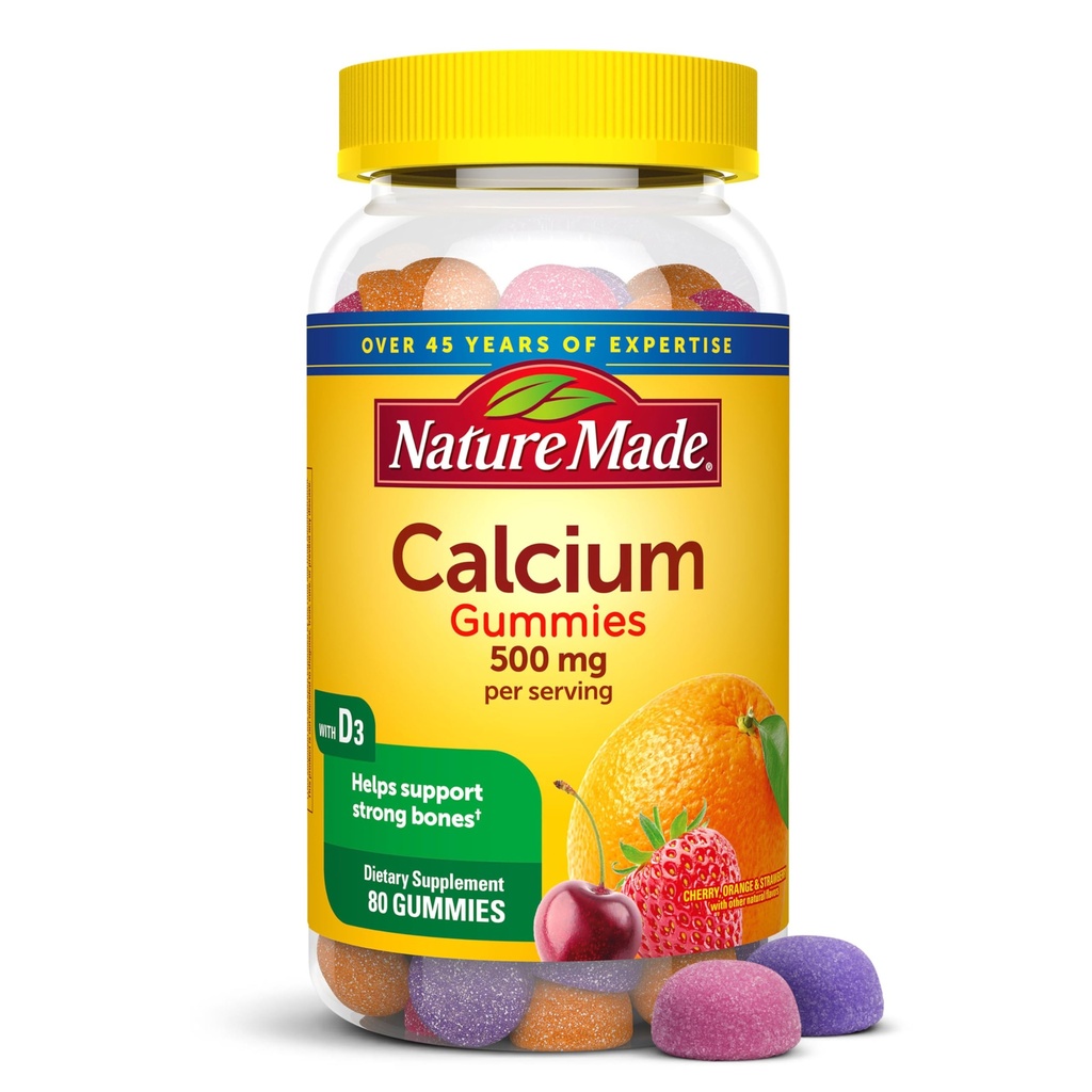 Narava narejen kalcij Gumies 500 mg na postrežbo z vitaminom D3, prehranski kalcij dodatek za podporo kosti, 80 Gumijev, 40 dnevna dobava
