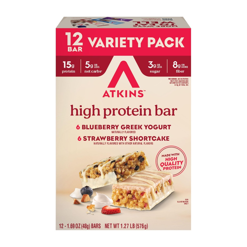 Atkins Blueberry Greek Jogurt & Jagoda Shortcake High Protein Bar, Visoka Fiber, Keto prijazno, 12 Število (6 Barov vsak okus)