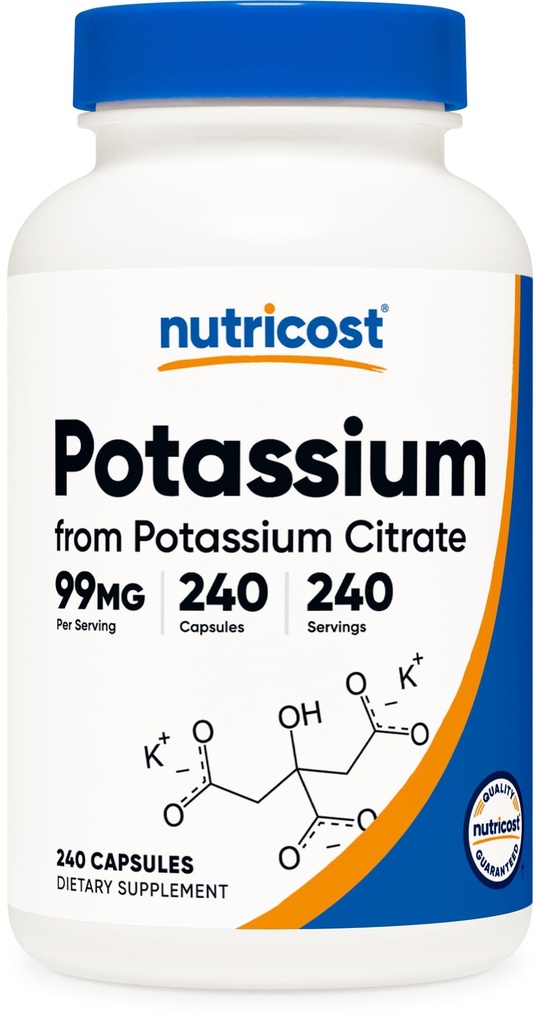 Nutricost Kalijev citrat 99 mg, 240 Kapsule - brez glutena, brez glutena, brez glutena