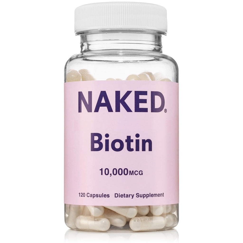 NAKED Biotin 10.000mcg - Max Jakost Vitamin B7 Dodatek za zdrave lase, kože in nohte Podpora - Ne-GMO, Gluten-free, Vegan - Podpira Keratin proizvodnjo - 120 Kapsule