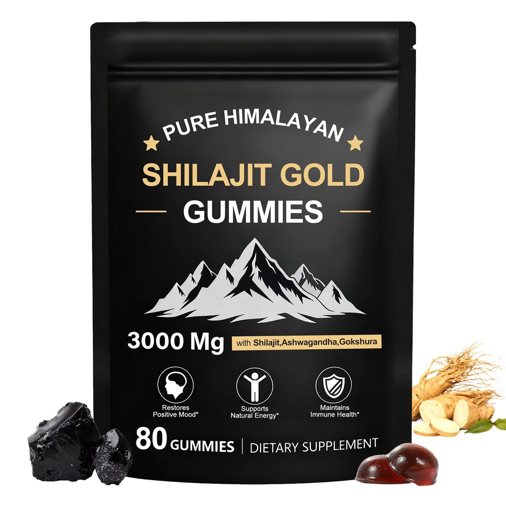 Shilajit Gumies, Pure Himalaaan Shilajit Gumies Gold, No Dodani sladkor Non-GMO 100% Natural & Organic, Ashwagandha, Gokshura
