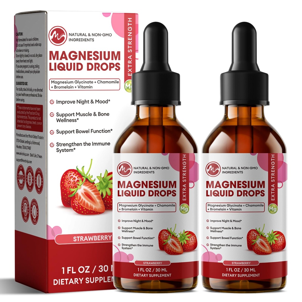 M palca Magnezij Glicinat Tekoča, visoka absorpcija Magnezij Tekoča kapljice s celulozno vlakno, Bromelain, Vitamin B6, C, D, cink, Magnezij dopolnilo za otroke in odrasle, Jagodna aroma, 2 Pack