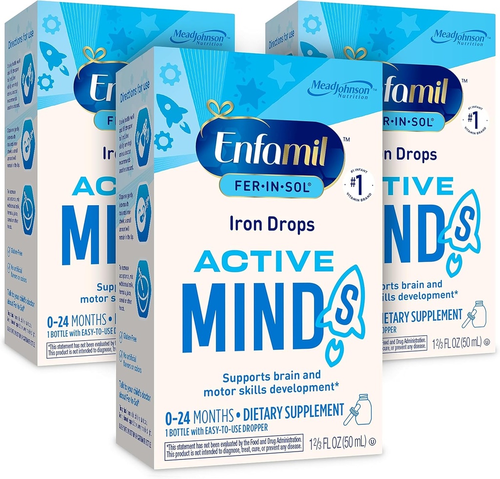 Enfamil Fer-In-Sol Dodatne kapljice železa za dojenčke in malčke, podpira razvoj možganov, 50 ml Kapalko, pakiranje po 3