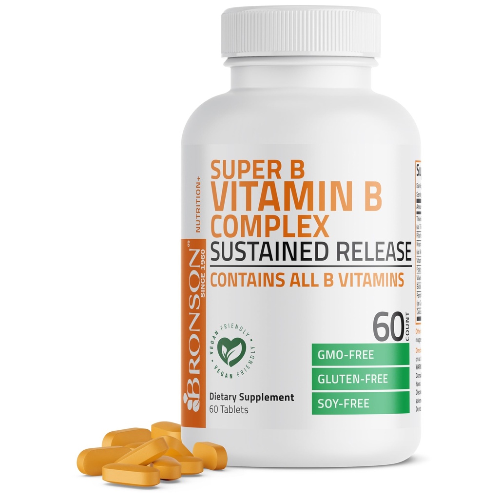 Bronson Super B Vitamin B Complex Trajno počasi sproščanje (vitamin B1, B2, B3, B6, B9 - Folna kislina, B12) Vsebuje vse vitamine B 60 Tablete