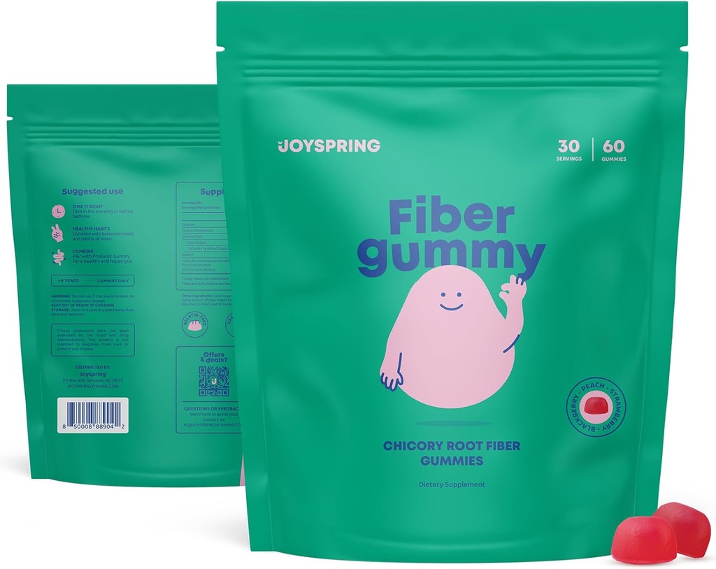 VeseljeSpring otroci Fiber Gumies za zaprtje – 5 mg Fiber dopolnilo za redno prebavo – Breskvica, jagode in BlackBerry aromatiziran – za otroke starosti 4-11 & odrasli – 60 Ct