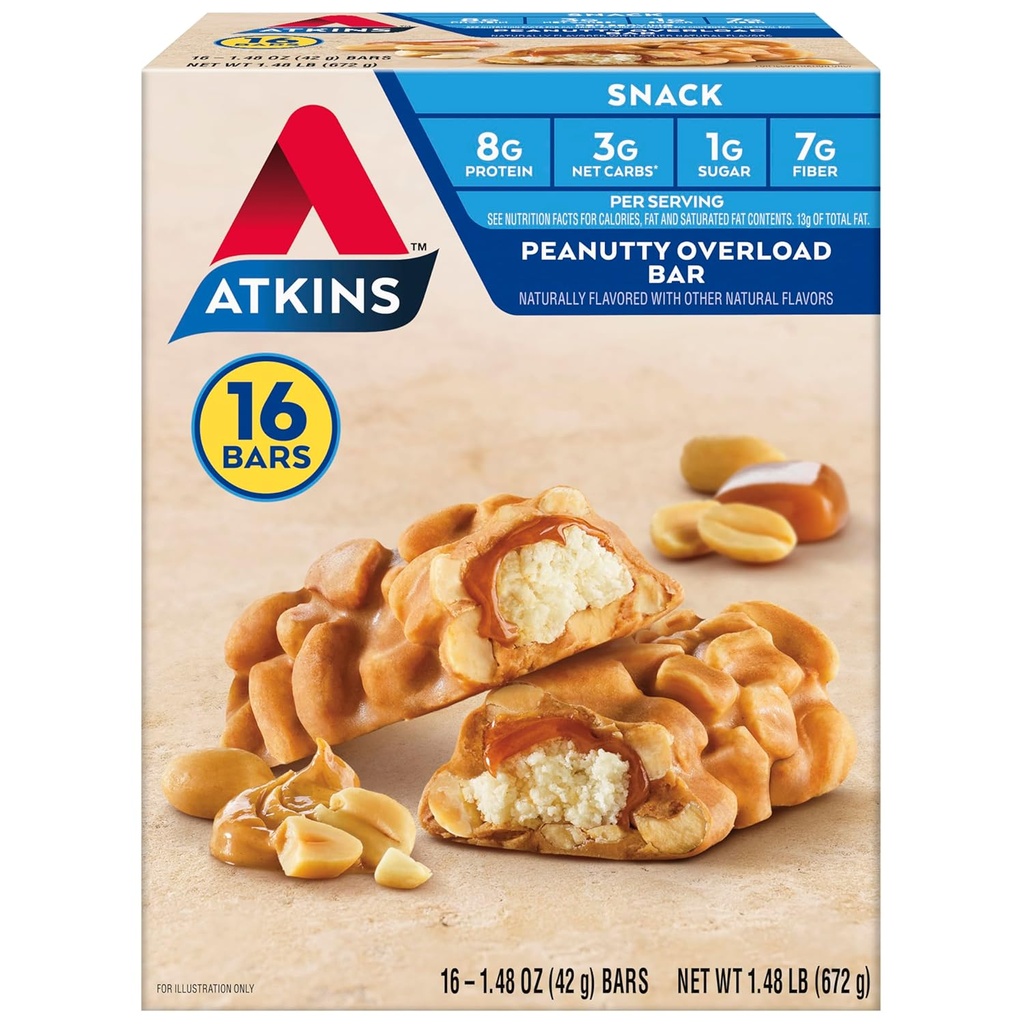 Atkins prigrizek Bar, Peanutty Overload, 8g Beljakovine, 7g Fiber, 3g neto ogljikovih hidratov, Keto prijazno, 16 grof