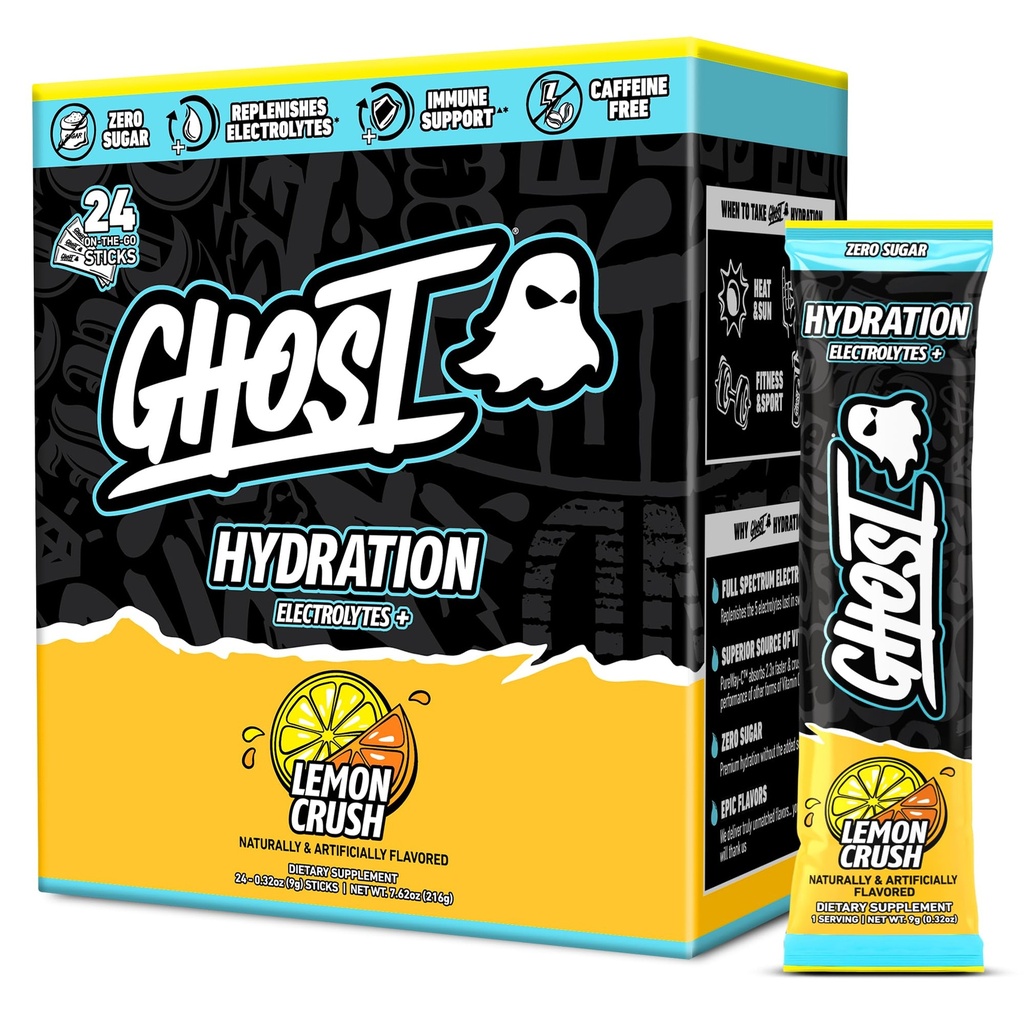 GHOST Hydration Packets, Lemon Crush, 24 palice, Elektrolit v prahu - pijača Mix dodatek z magnezijem, kalij, kalcij, vitamin C - Vegan prijazno, brez soje, sladkor & Gluten