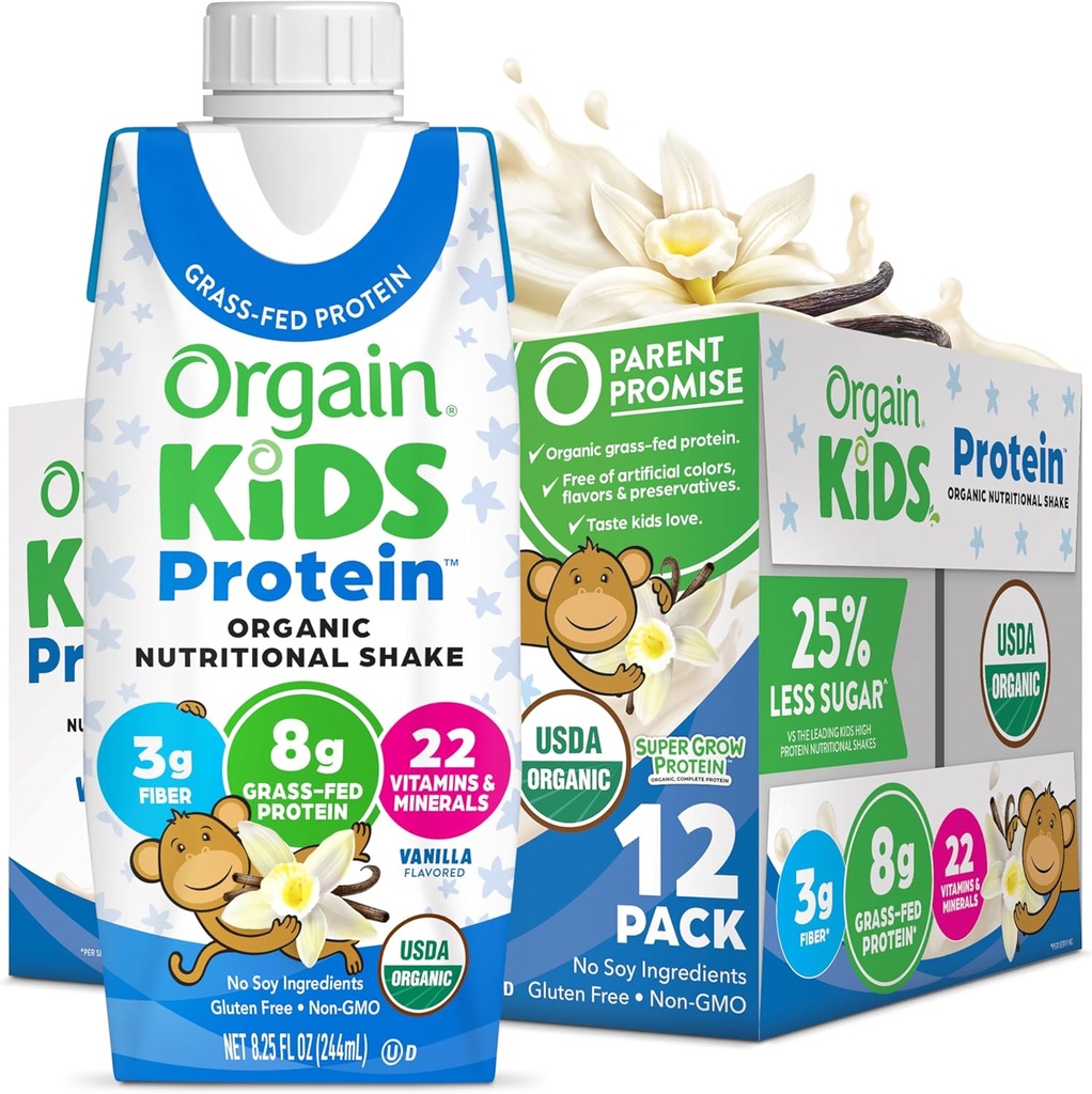 Orgain Organic Kids Nutritional Protein Shake, Vanilla, Zdravi otroci Prigrizki, 8g Dairy Protein, 3g Fiber, 22 Vitamini in minerali, Brez sojinih sestavin, Gluten Free, Non-GMO, 8.25 Fl Oz (Pack of 12)