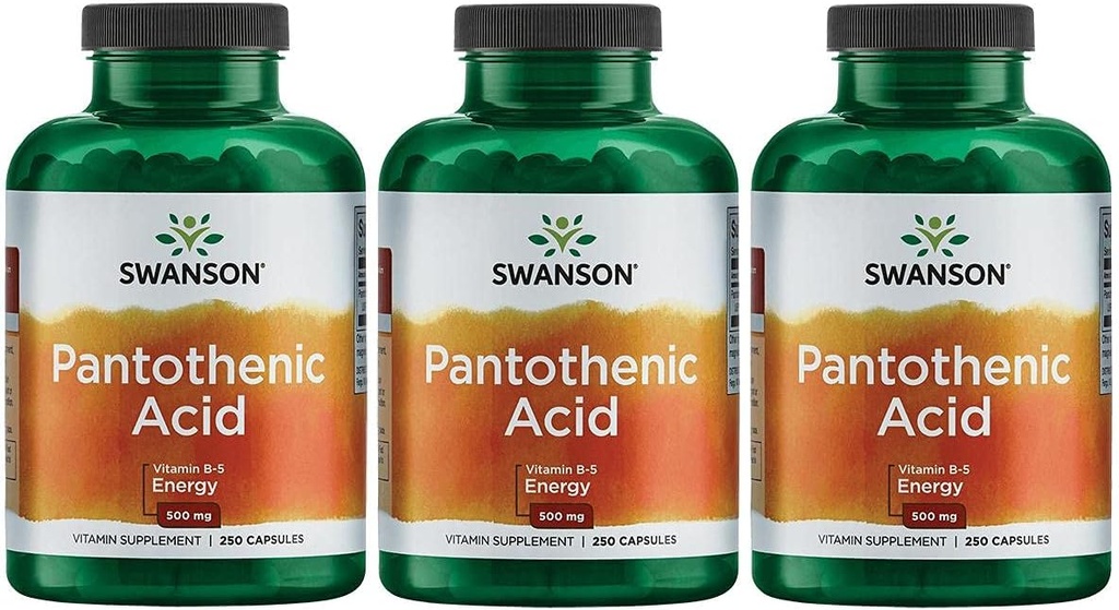 Swanson Pantotenska kislina (vitamin B-5) Energija Presnova Živčna funkcija Podpora 500 mg 250 kapsul (3 pakiranja)