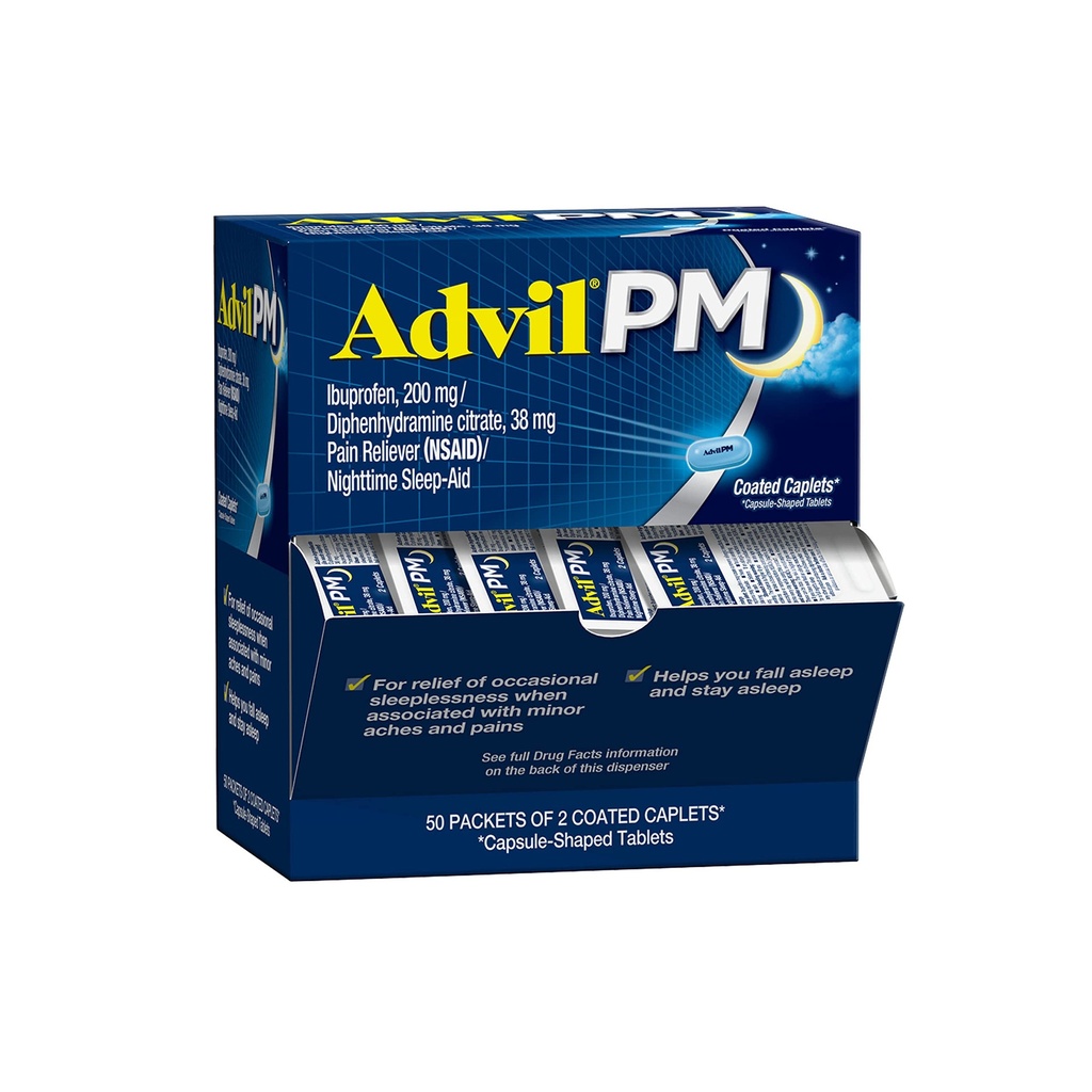 Advil PM bolečina Reliever in nočno spanje, Pain Medicine z Ibuprofen za lajšanje bolečine in difenhidramin Citrat za pomoč v spanju - 50x2 Obložene kape