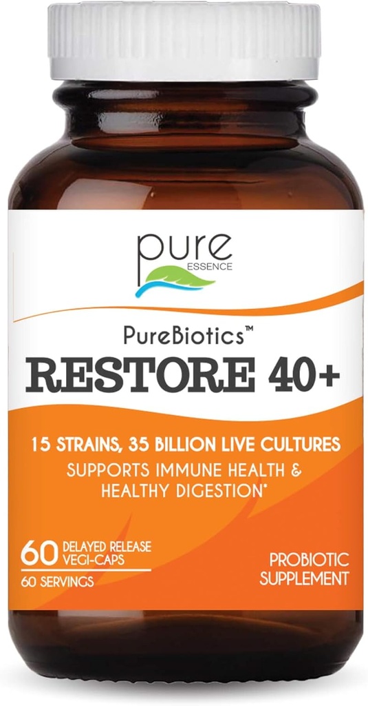 PURE ESSENCE LABS PureBiotics Restore 40+ Probiotic Supplement - Podpira Imunsko in prebavno zdravje - Dairy & Gluten Free - 15 Sevi (35 milijard CTU) Odrasli Naravni probiotiki (60 kapsul)