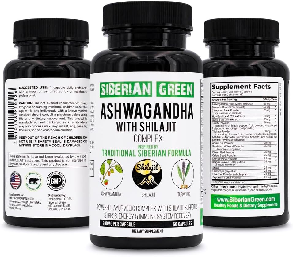 Sibirska zelena Ashwagandha z Altai Shilajit & Turmeric Ayurvedic Complex 60 Kapsules – Tradicionalna Sibirska Formula Stres Relief, Mood, Energy Support, Imunski sistem okrevanje