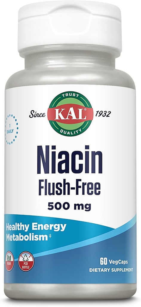 KAL Niacin 500mg Flush Free - Vitamin B3 Supplement - Presnovna in energijska podpora - Koža, Živec, Prebavna zdravje in kroženje Podpora - Vegan Vitamin, 60-dnevni garancije, 60 Serving, 60 VegCaps