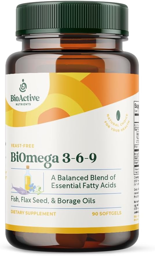 BIOAKTIVNE NUTRIENTE Biomega 3-6-9 Dopolnilo Softgels za ženske in moške - Omega 3 6 9 - Kompleks najboljših rib, laneno olje in Borage olje dopolnila - 1200mg - 90 Softgels