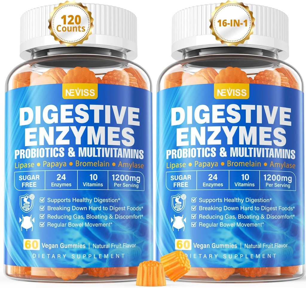 Prebavne encime s probiotičnimi gumiji, multivitamini, kalcij, magnezij - Vseh 24 Bistvenih žvečljivih Multi Encimi - Papaja, Lipaza, Amylase, Bromelain - Breaking navzdol ogljikovih hidratov, Beljakovine, maščobe, 2Packs