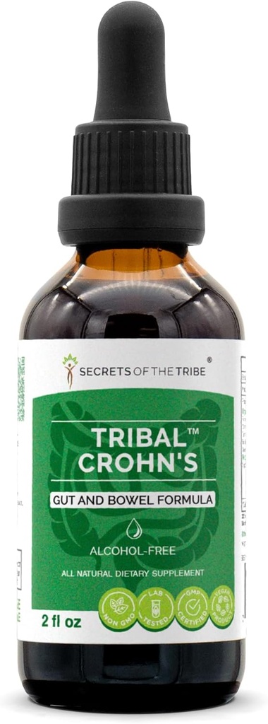 Tribal Crohnov zeliščni izvleček brez alkohola, tinktura, gliceritni spodrsljaj Elm, peteršilj, marshmallow, kurkuma, Frankincense, zeleni čaj. Gut in Bowel Formula 2 oz