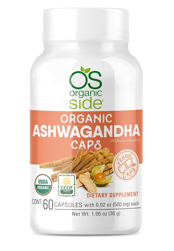 OS Organic Side | Ashwagandha | 60 Veggie Caps | Pure 1,000 Mg | Formula for Natural Stress Relief, Mood Enhancement & Wellness Support | Vegan, Non-GMO, Gluten-Free
