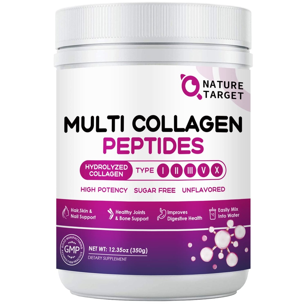 NATURE TARGET Multi colagen peptidi v prahu - Tip I, II, III, V, X - Hidrolizirani kolagen peptidi z vitaminom C hialuronska kislina, podpira kožne lase nohti in sklepi, travnati, ne-GMO, 35 Serving