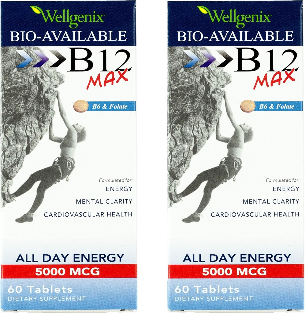 Wellgenix Bio-Razpoložljivo Podjezično B12 Max - oblikovano za visoko absorpcijo - Nutritivni multivitamin B12, B6, Folat - hitro raztopi (60 Ct) 2 paket