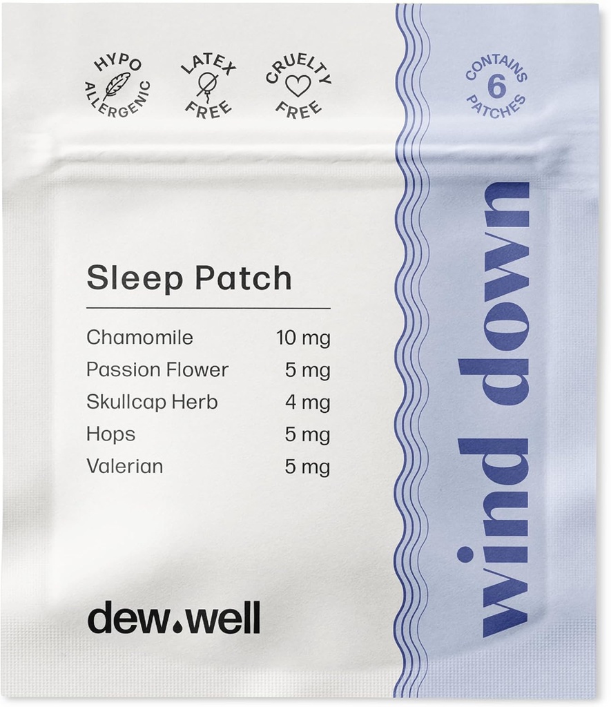 Dew Well Wind Down Sleep Patches - Melatonin Free Kamilica & Passion Cvetne Patches za naravne Rest Aids - Stress Strips za migrene Relief - Sleep Nalepka & Vroč spalnik Relief - 6 Count Clear