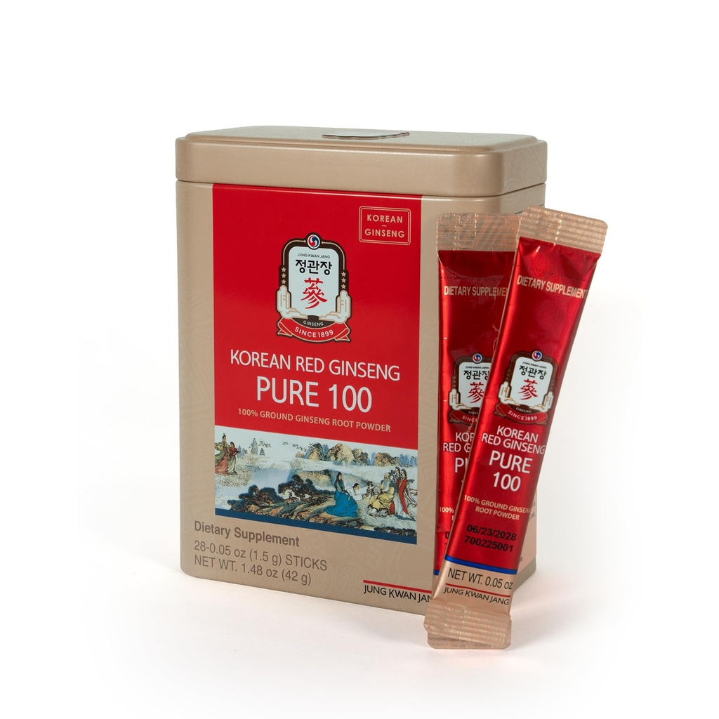 JungKwanJang Korean Red Ginseng Pure 100 - Panax Ginseng Powder Pack dodatki - Energy Boost & Imunska podpora - Vegan, Kofein Free, Gluten Free & Non-GMO (Net Wt. 1,48 oz, 30 Sticks)