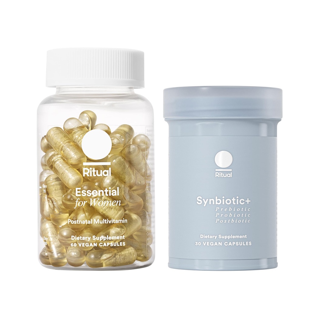 Ritual postnatalni multivitaminski in Gut Duo dopolnila s postnatalni vitamini in Synbiotic+: 3-v-1 probiotični, Prebiotični, Postbiotični, Podpira Dojenje, in Gut Health, 30 Day Supply