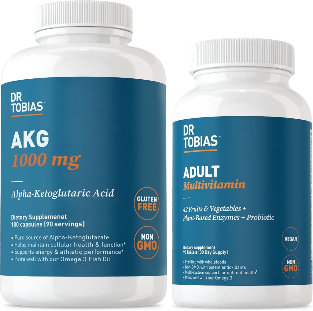 Dr. Tobias AKG Supplement & Adult Multivitamin - Celovita celična energija in hranilna podpora za splošno wellness in vitalnost, Vegan, Non-GMO